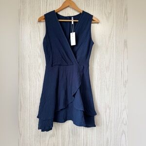 Beachsissi V Neck Faux Wrap Waist Solid Blue Mini Dress Size S NWT